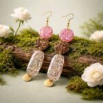 In den transparenten organisch geformten Boho-Anhängern strahlt es in altrosa, kastanienbraunem und magentapinkem Glitzer, das je nach Lichteinfall strahlend changierend leuchtet, Akzente setzt und diese langen Statementohrringe zu  individuellen Begleitern macht.  Echte handgefertigte Kunstohrringe