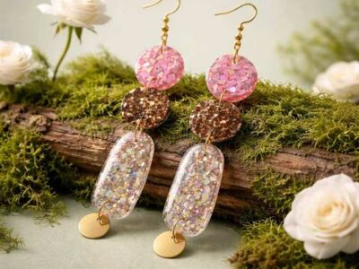 In den transparenten organisch geformten Boho-Anh&auml;ngern strahlt es in altrosa, kastanienbraunem und magentapinkem Glitzer, das je nach Lichteinfall strahlend changierend leuchtet, Akzente setzt und diese langen Statementohrringe zu&nbsp; individuellen Begleitern macht.&nbsp; Echte handgefertigte Kunstohrringe