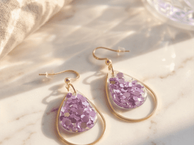 Um die transparent-violetten Tropfenanhänger funkeln zarte goldene Edelstahl-Lünetten, die je nach Lichteinfall elegant glänzen und diese Tropfenohrringe zu individuellen Begleitern machen.