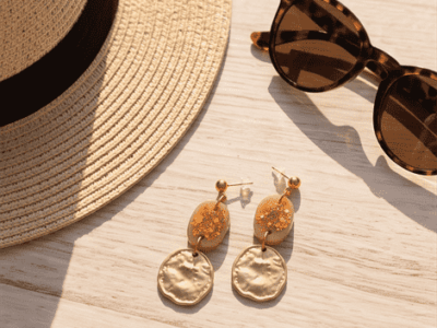 Statement-Ohrringe „Golden Hour“ mit organischen Münzen & Glitzer-DetailsLass dich vom mediterranen Flair verzaubern. Diese luxuriösen Hängeohrringe fangen die magische Stimmung eines Sonnenuntergangs am Strand ein. Das unregelmäßig gehämmerte, goldene Metallelement im Vintage-Stil bildet die perfekte Symbiose mit dem darüberliegenden Glied in warmem Beige-Nude. Der feine, goldene Sternen- und Feinglitzer im Inneren des transparenten Elements reflektiert das Sonnenlicht bei jeder Bewegung. Ein stilvolles Must-Have für edle Sommerkleider, Strohhüte und unvergessliche Sommerabende.