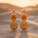 Statement-Ohrringe „Golden Hour“ mit organischen Münzen & Glitzer-DetailsLass dich vom mediterranen Flair verzaubern. Diese luxuriösen Hängeohrringe fangen die magische Stimmung eines Sonnenuntergangs am Strand ein. Das unregelmäßig gehämmerte, goldene Metallelement im Vintage-Stil bildet die perfekte Symbiose mit dem darüberliegenden Glied in warmem Beige-Nude. Der feine, goldene Sternen- und Feinglitzer im Inneren des transparenten Elements reflektiert das Sonnenlicht bei jeder Bewegung. Ein stilvolles Must-Have für edle Sommerkleider, Strohhüte und unvergessliche Sommerabende.