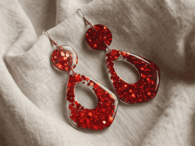 In den transparenten Boho-Anhängern wurden feine glitzernde Pailletten in geheimnisvollen Orange-Rot Tönen gegossen, die je nach Lichteinfall changierend leuchten, Akzente setzen und diese Statementohrringe zu  individuellen Begleitern machen.
